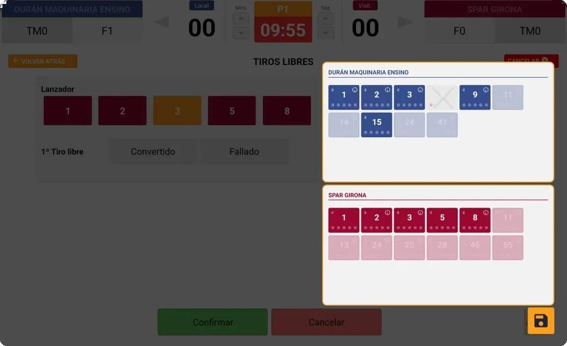 Captura de pantalla: Atajo de cambios en tiros libres en Acta Digital