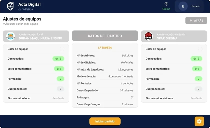 Captura de pantalla: Ajustes de equipo en Acta Digital