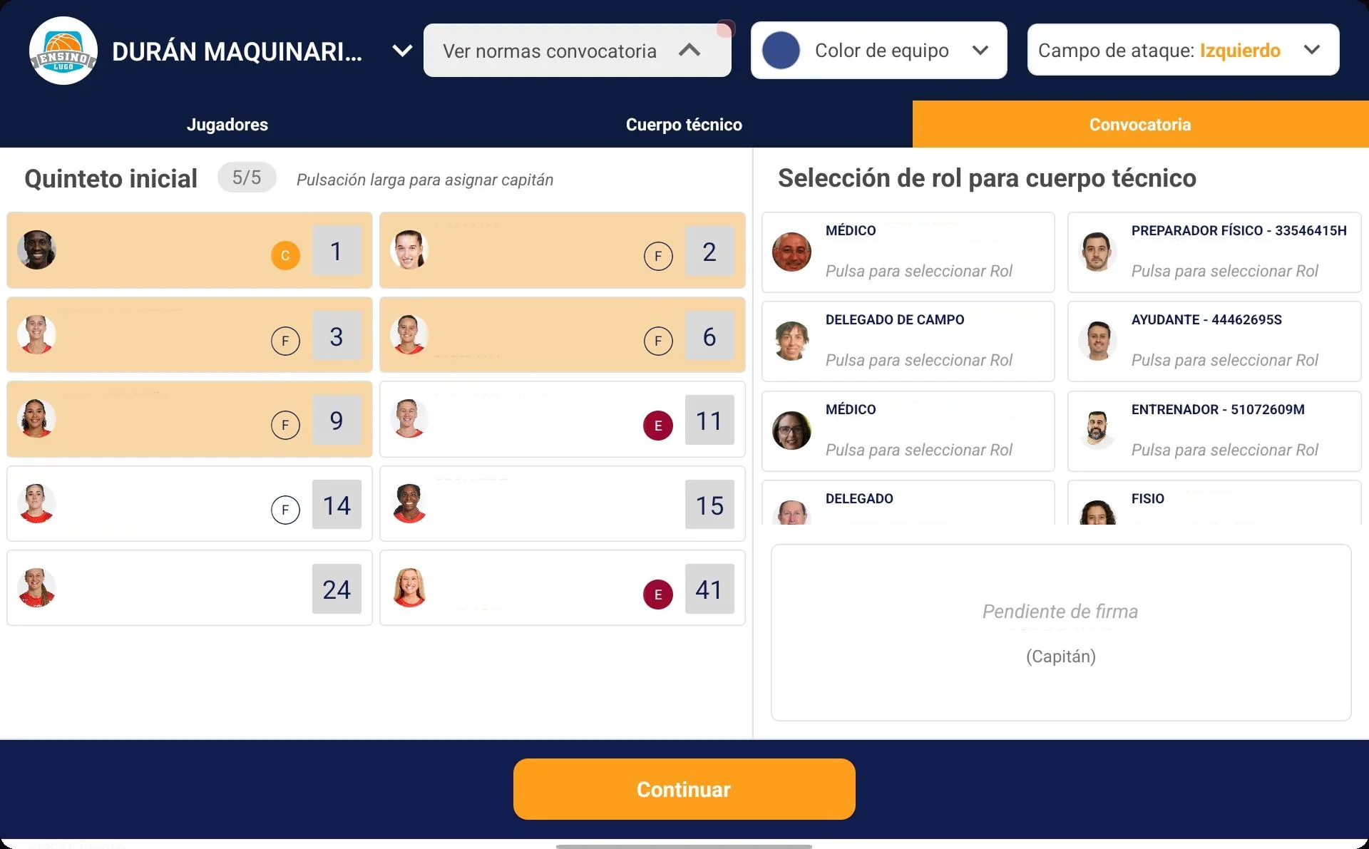 Captura de pantalla: Convocatoria: quinteto inicial en Acta Digital