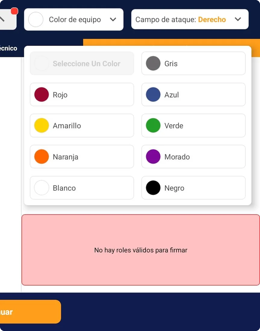 Captura de pantalla 2: Selector de campo de ataque y color de equipo en Acta Digital