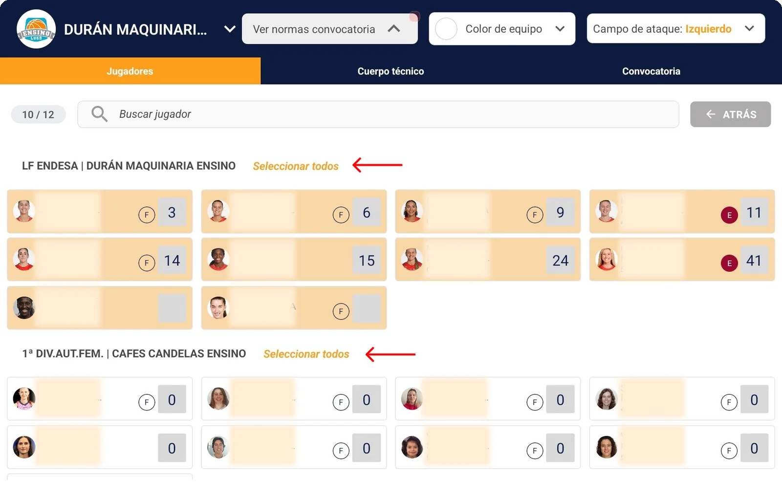 Captura de pantalla: Pantalla de jugadores en Acta Digital