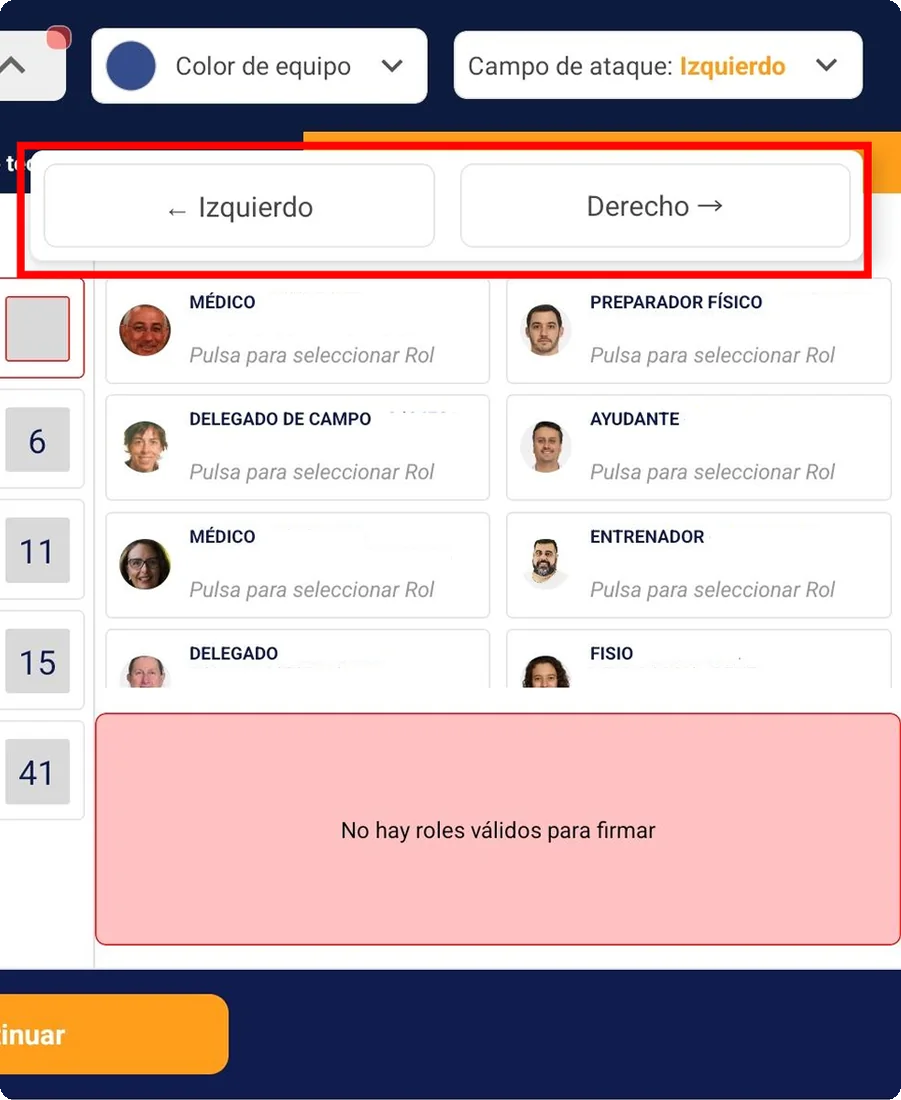 Captura de pantalla 1: Selector de campo de ataque y color de equipo en Acta Digital