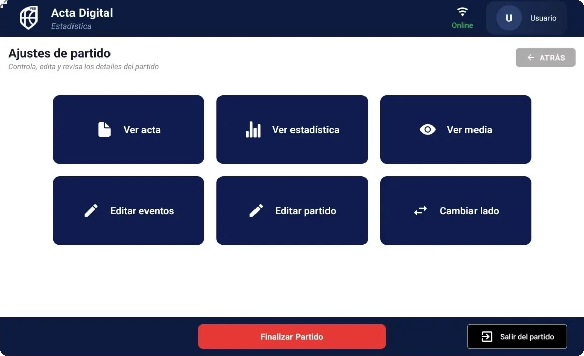 Captura de pantalla: Ajustes de partido en Acta Digital